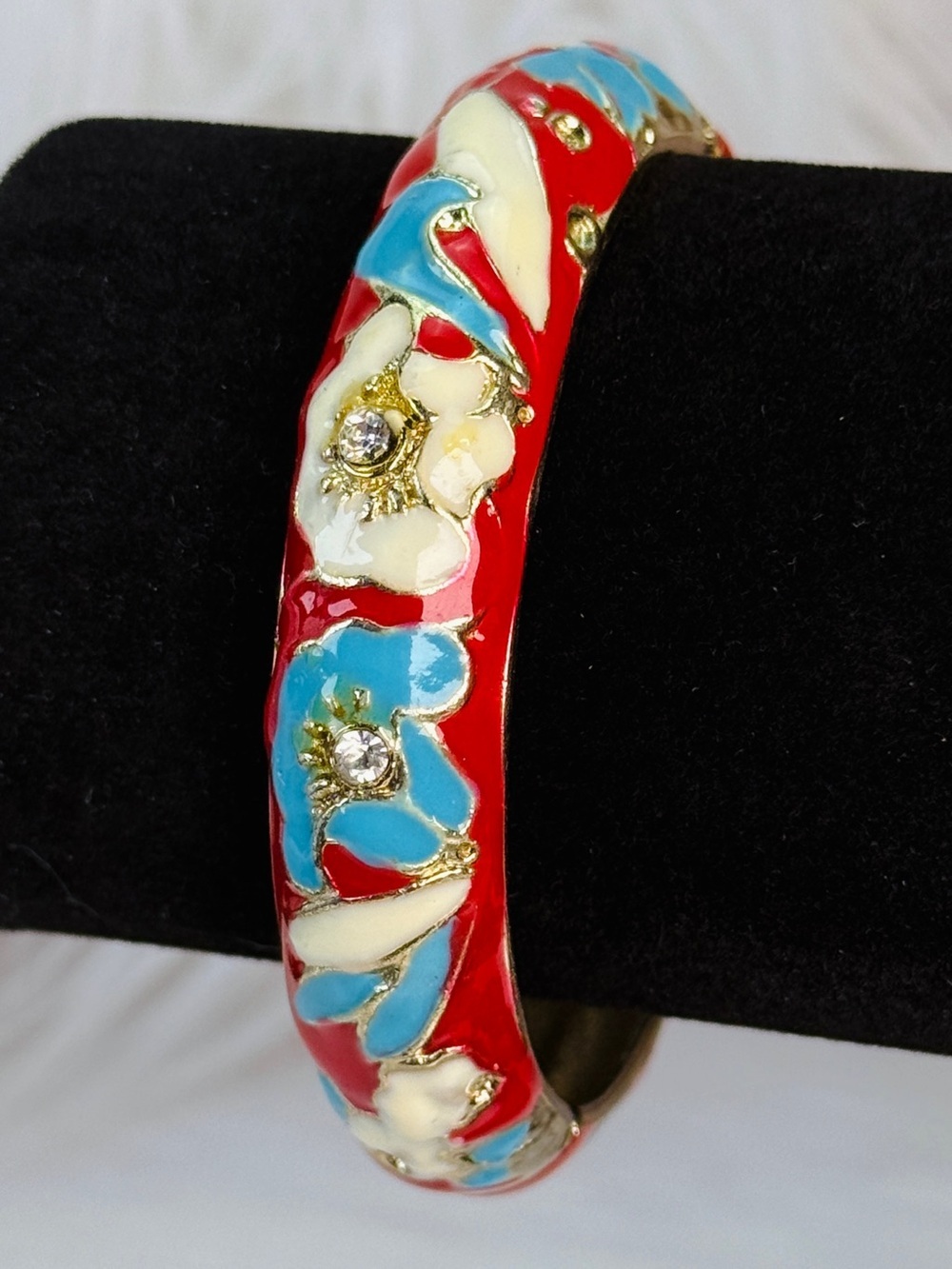 Vintage Red Blue Ivory Floral Hinged Bangle Gold Tone Statement Bracelet